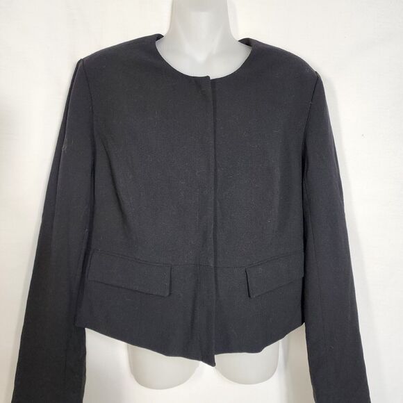 A New Day Womans Jacket Sz 8 Black Collarless Snap Front Crop Lined Shoulder Pad - Picture 3 of 10